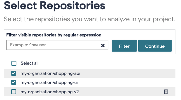 Select the repositories you want to analyze in your project