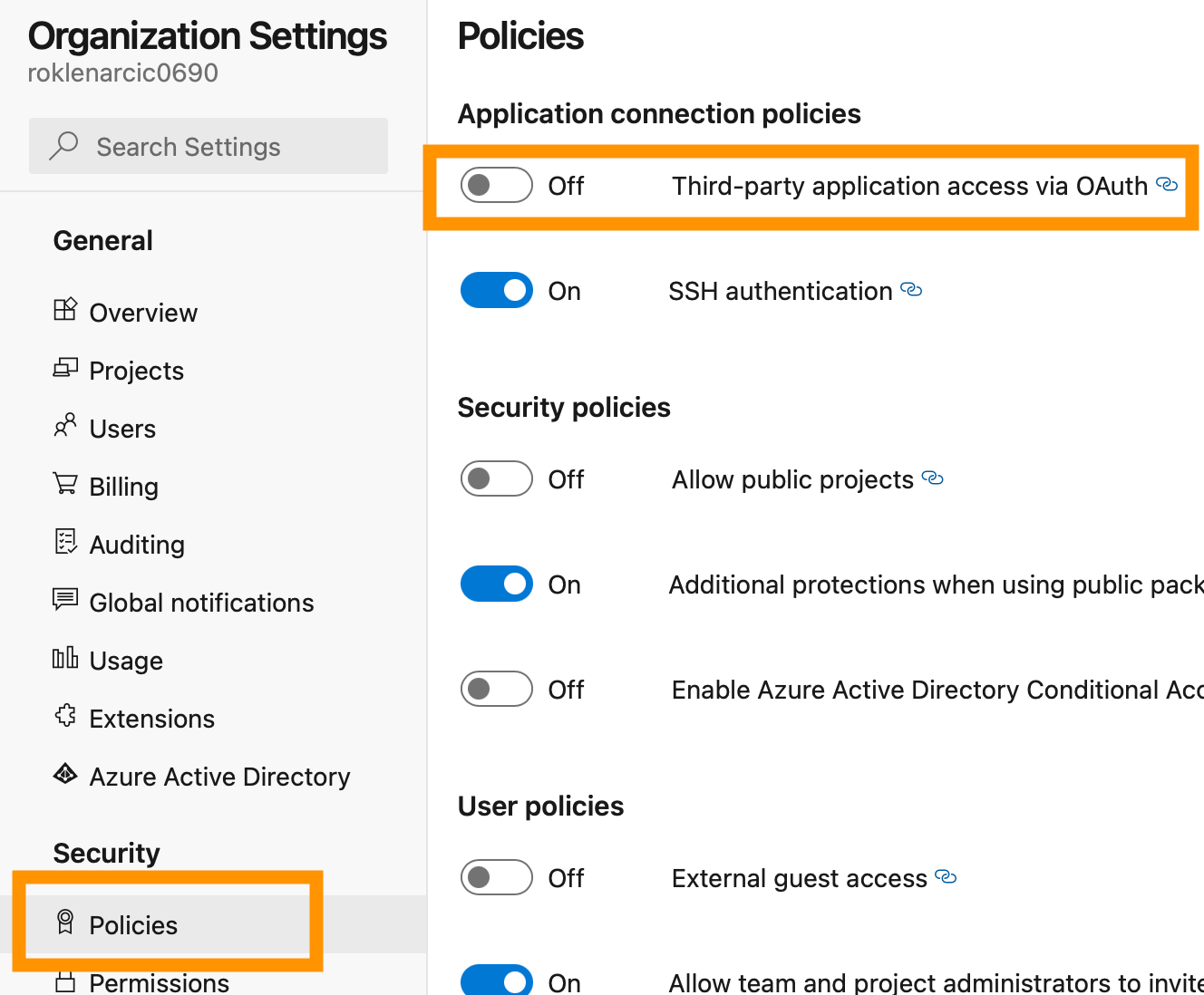 Azure DevOps policies screen