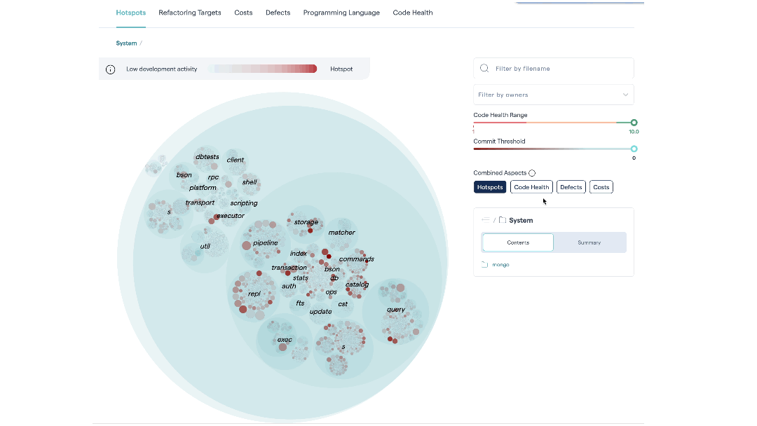 Hotspots let you visualize large codebases by combining a code health perspective with temporal and organizational data.