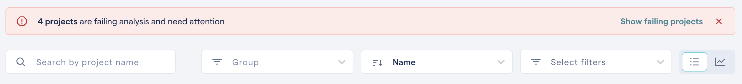 A banner appears when there are failing projects.