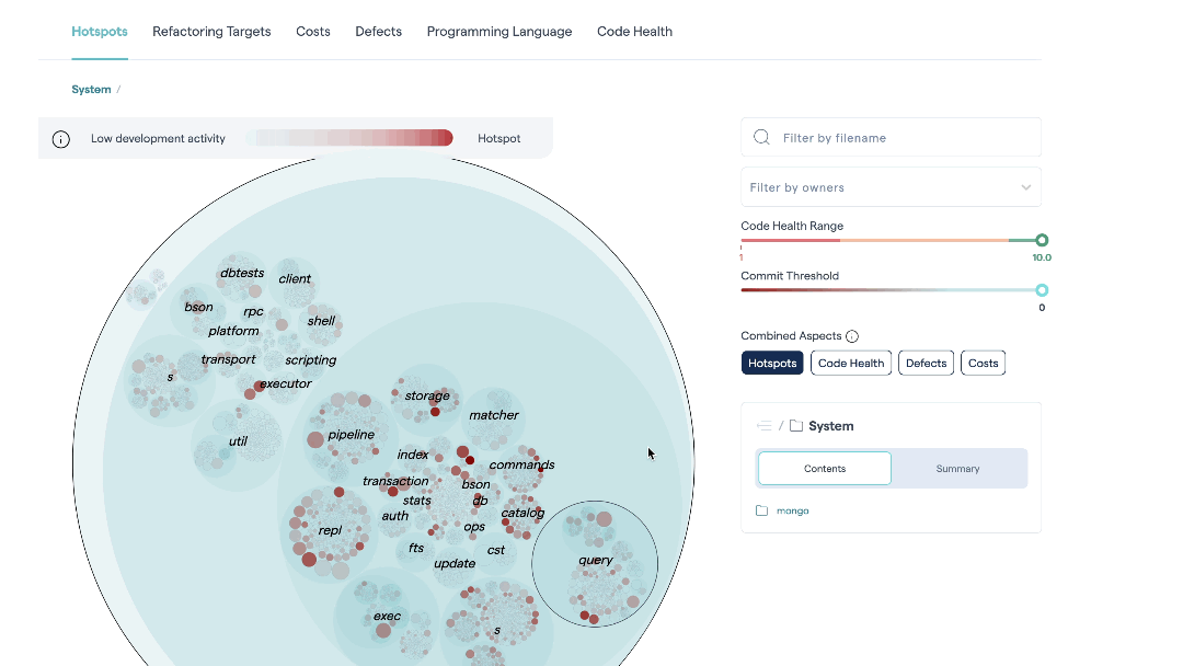 Filter the hotspots and code health visualization by team (or authors).