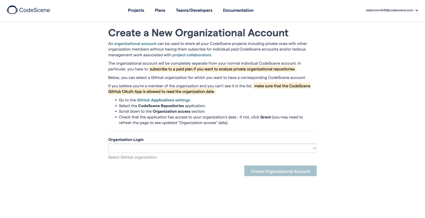 Create a new organizational account.