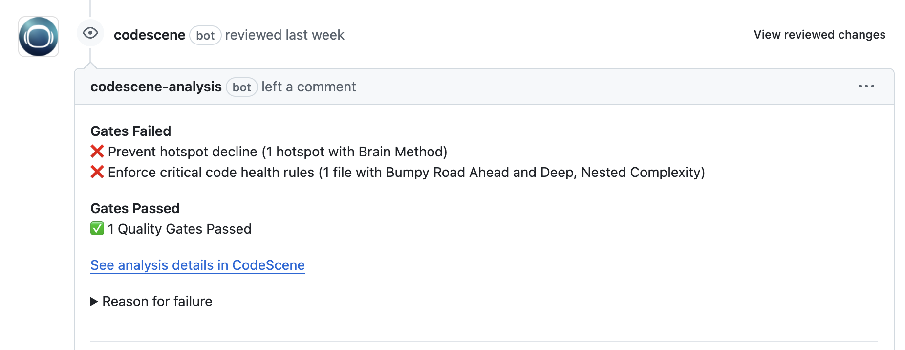 An example of CodeScene's automated code review, illustrating how the PR integration can serve to support reviews and act as quality gates.