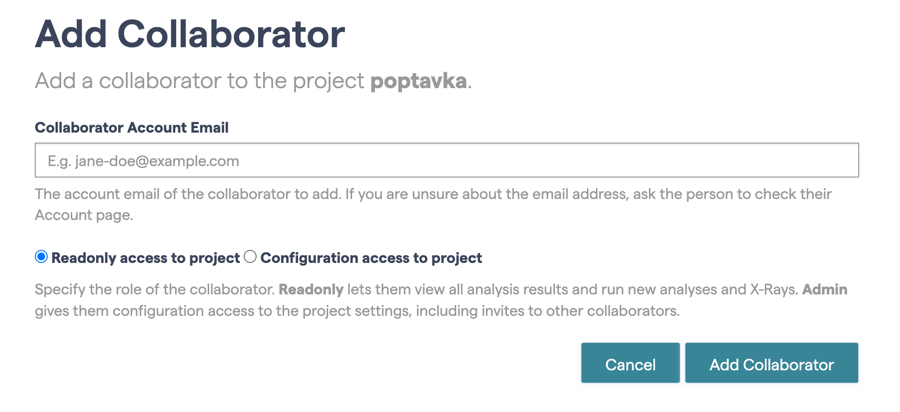 Add a collaborator by providing his email address and access level.