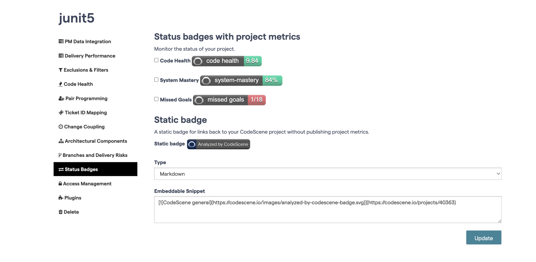 CodeScene generates markup and HTML for status badges.